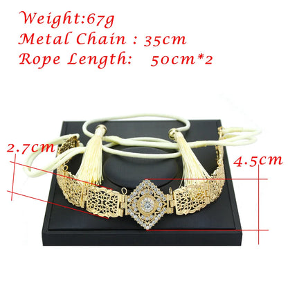 Sunspicems Thin Women Hand Rope Belt Gold Color Crystal Morocco Waist Chain Belt Caftan Abaya Body Chain Arabic Bride Jewelry