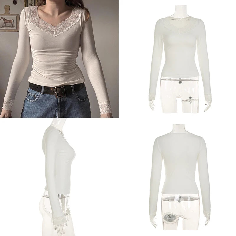 Cuteandpsycho Lace Patchwork Solid Slim Tee Shirts Long Sleeves V-neck Aesthetic Fashion Clothes Vintage Streetwear Black Tops