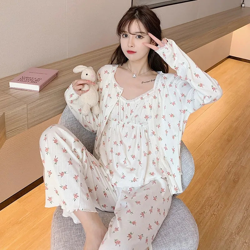 Three Piece Cotton Pajamas Women Long Sleeve Trousers Sexy Floral Student Loungewear Large Size Romantic Women Nightwear Sexy