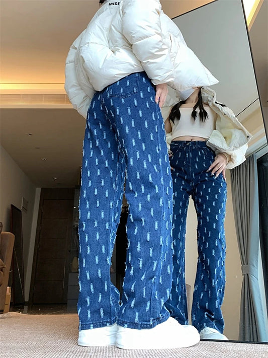 Women's Many Small Hole Straight Narrow Cropped Jeans Cool Girl Streetwear High Waisted Trouser Female Casual Narrow Denim Pants