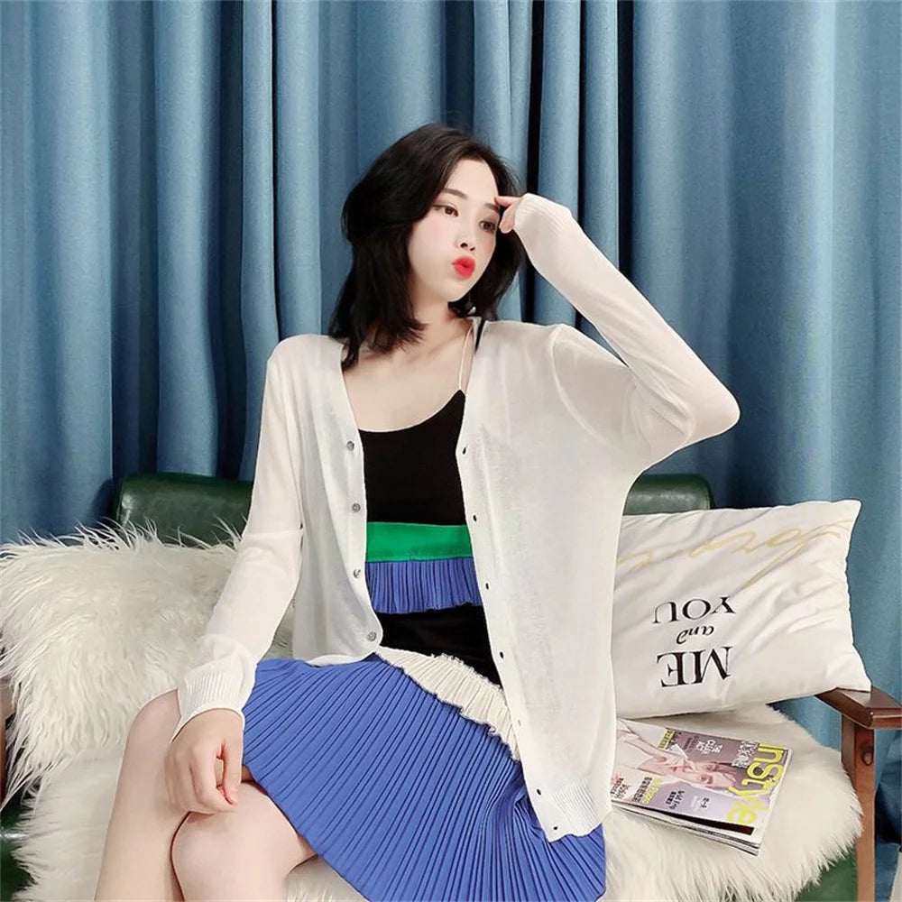 Spring Summer Comfortable Casual Blouses white knitted cardigan 2024 Women's Clothing Solid V-neck Elegant Fashion Button Loose