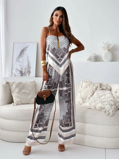 Summer New Women's Fashion Printed Sleeveless Strap Wrap Chest Sexy Strap Open Back+Positioning Flower Pants Set Two Piece Set Apricot coffee