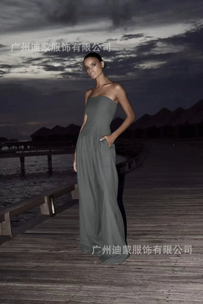 Summer Women's Jumpsuit Fashion Strapless Solid Color Sleeveless Loose Wide Legs Pants Casua Romper High Streetwear Female Cloth Badiee Stylez
