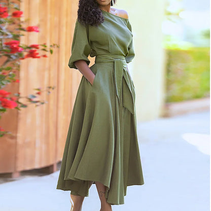 Elegant Women's Spring/Summer Fashion Green Diagonal Neck Middle Sleeve Casual Dress Women's Casual Retro Long Dress s-3XL green