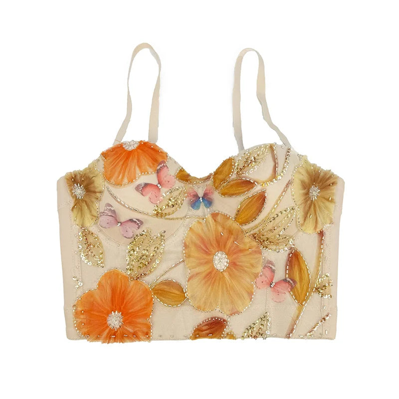 Flower Embroidery Bead Fish Bone Suspender Women Bra Sexy Exposed Waist Metal Buckle Top Party Vacation Female Tops 2025 Summer