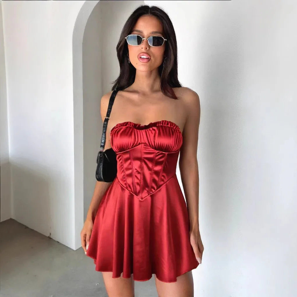 Sexy Mini Dress for Women European and American Style Fishbone Tank Top Cross-Border New Arrival Summer Fashion Female Clothing Red