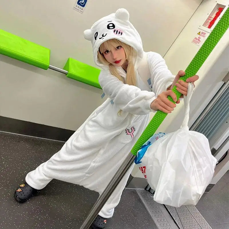 Kawaii Chiikawacoral Velvet Hooded Pajamas for Girls New Cute Cartoon Hachiware Usagi Women's Velvet Home Clothes Autumn Winter