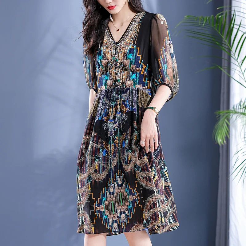 2025 Summer Bohemian Dresses For Women Elegant V-neck High Waist Women's Print Black Dress A-line 100% Real Silk Long Midi Dress Badiee Stylez