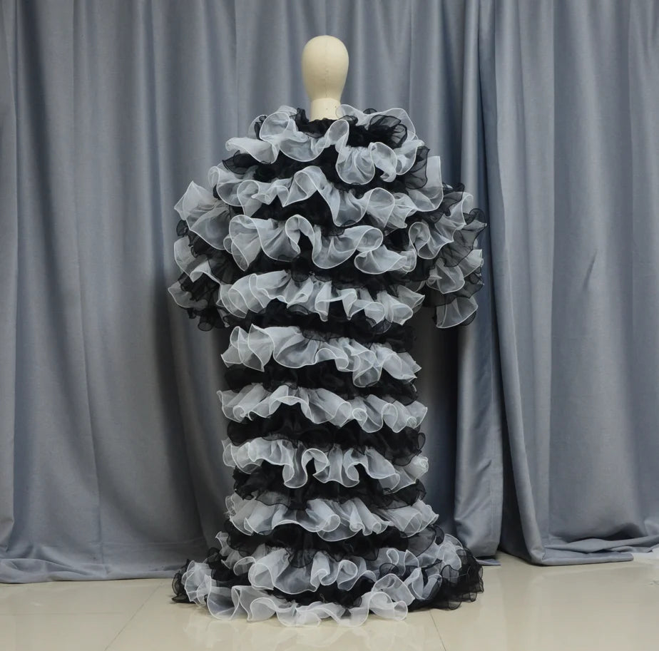 Puffy Ruffle Robe Dress white/black Colors 2 Toned Fashion Women Coat Jacket Ruffled Fluffy Female Jackets Layered Customized Badiee Stylez