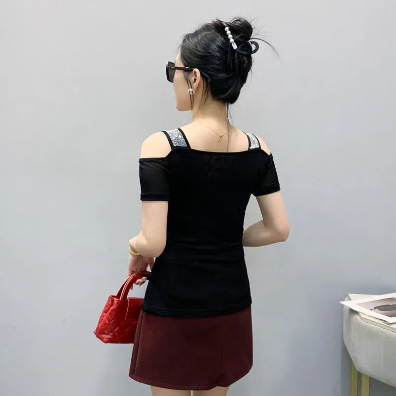 New Arrival Summer European Clothes Women's T-Shirts Chic Luxury Butterfly Hot Diamonds Tees Sexy Girl Slim Streetwear Tops