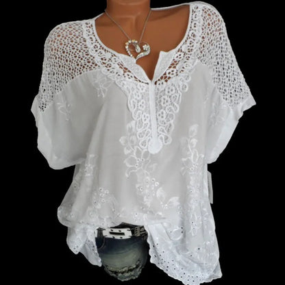 Summer Short Sleeve Womens Blouses and Tops Loose White Lace Patchwork Shirt 4xl 5xl Women Tops Casual Clothes
