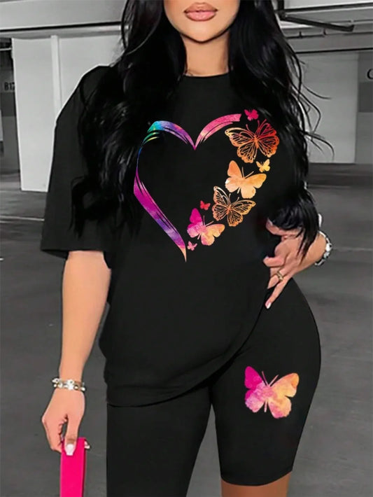 The Love Strung Together By Butterflies Printing Women T Shirts Two Piece Set Fashion Short Sets Comfortable Basic Shirt Shorts Badiee Stylez