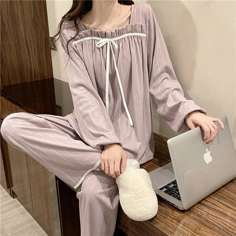 Women's Spring and Autumn Pajamas Set Women's Long-Sleeved Long Trousers Pajamas Homewear Sweet Leisure Homewear Loose Set Purple