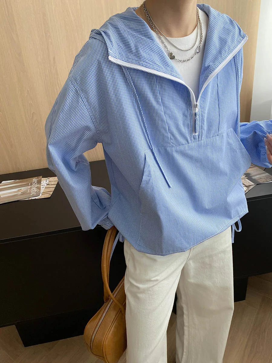 Plaid Shirt Women Fall Japanese Blue Striped Hooded Overshirt Y2K Casual Long Sleeve Pullover Blouse Loose Fit Streetwear Coat