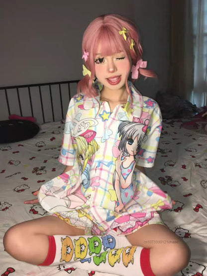 Sweet Soft Y2k Girl Fashion Anime Sleepwear Women's Summer New Cute Cartoon Thin Home Set Japanese Style Harajuku Kawaii Pajamas