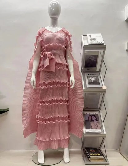 EGRM Miyake Solid Pleated French Three-dimensional Fungus Edge Cake Dress Women's Loose Long Dresses 2025 Summer New 6R8109