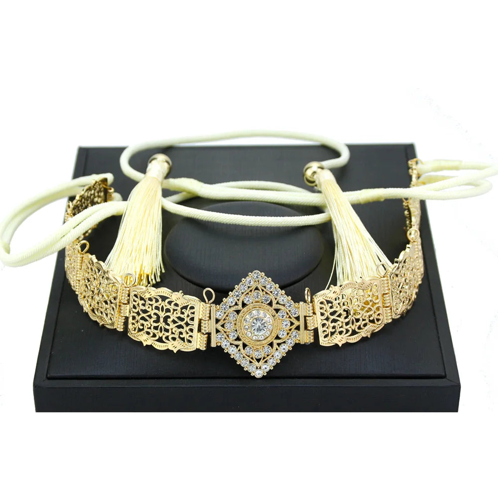 Sunspicems Thin Women Hand Rope Belt Gold Color Crystal Morocco Waist Chain Belt Caftan Abaya Body Chain Arabic Bride Jewelry
