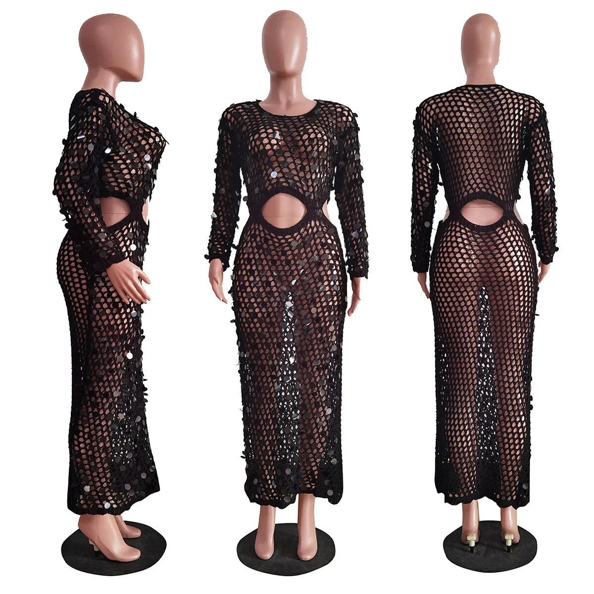 Joskaa Fishnet Knitting Hollow Sequins Maxi Dress Sexy See Through Holiday Long Sleeve Slim Summer 2023 Vacation Beach Dresses