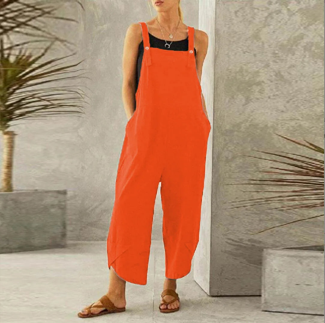 Women Loose Wide Leg Overalls Summer Adjustable Solid Color Cotton Linen Baggy Full Trousers Female Jumpsuits Oversized