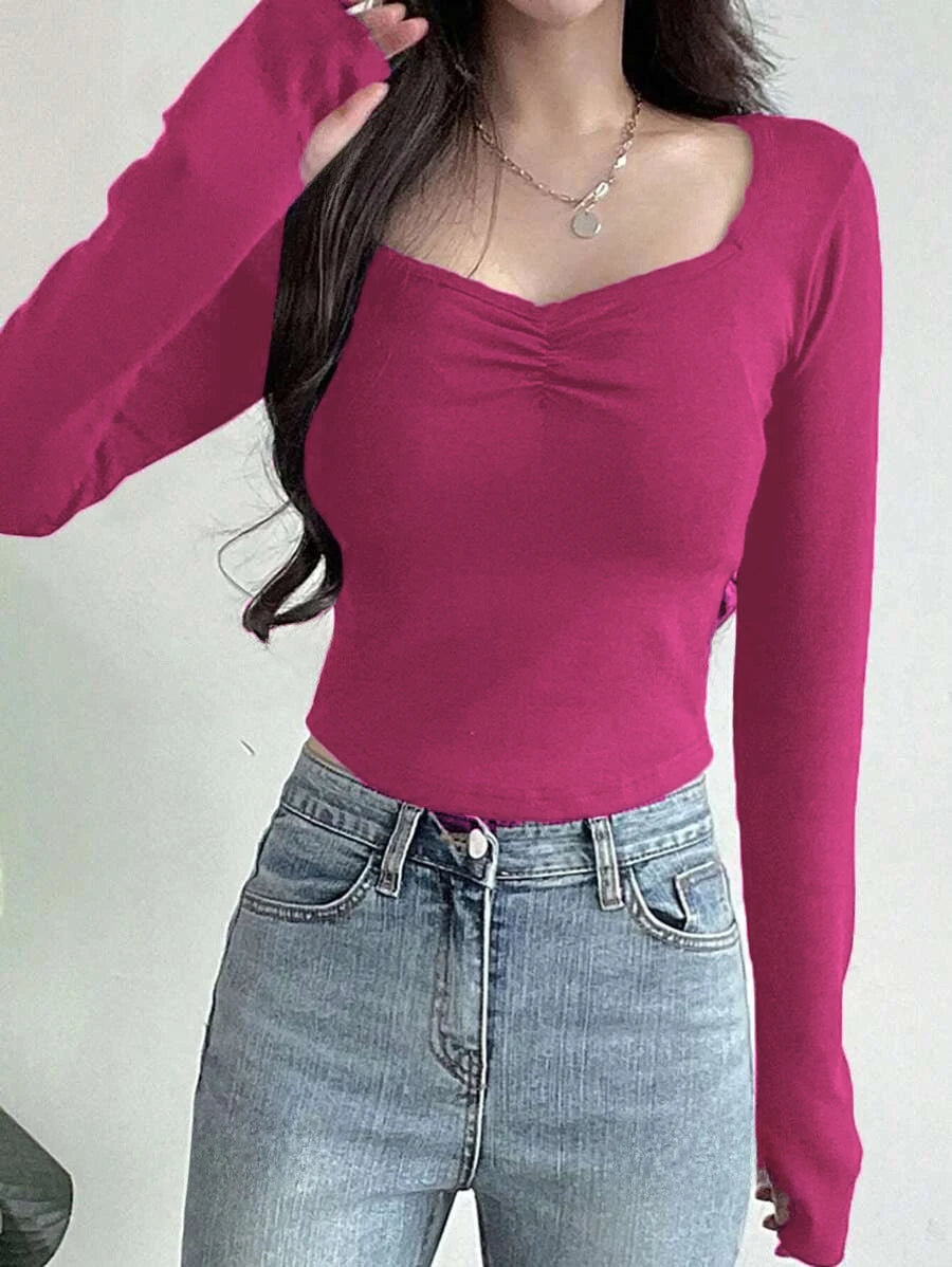 Women Long Sleeve Tops - Sexy Going Out Sweetheart V Neck Basic Shirts Tight Slim Fall Trendy Clothing