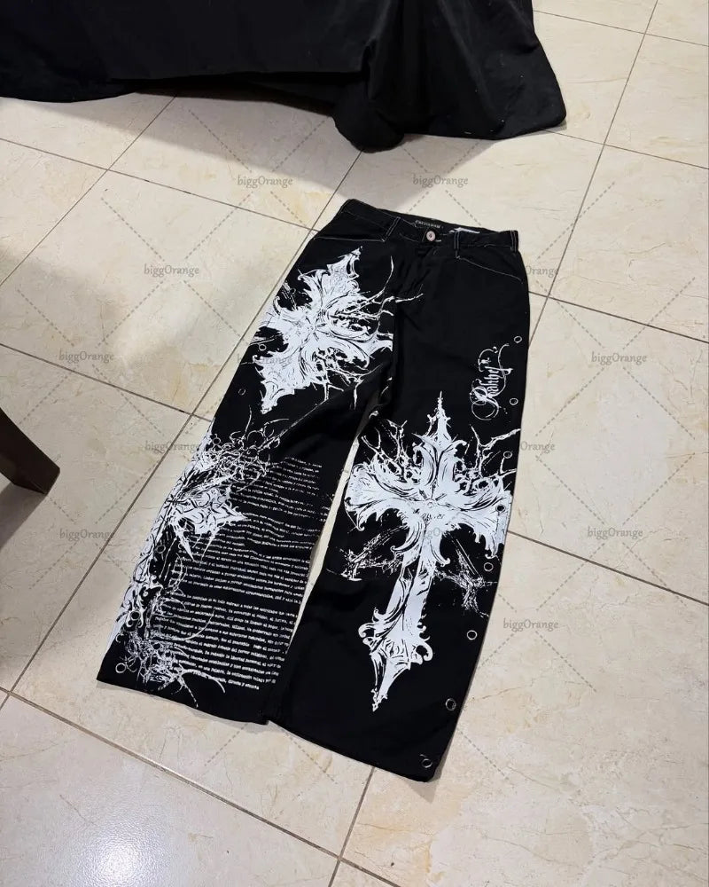 New Hip-hop Punk Harajuku Y2K Streetwear Trousers Women Goth Cross Print Baggy Jeans American Retro High Waist Wide-leg Pants