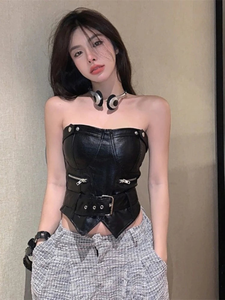 Crop Tops Sexy PU Y2k Tanks Women Clothing Fashion Summer Camis 2025 Ropa Mujer Slim Waist Irregular Backless Harajuku Vest