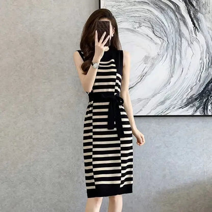 2025 Summer New Over-knee Long Temperament Slim Waist Vest Sleeveless Slim Striped Knitted Dress black