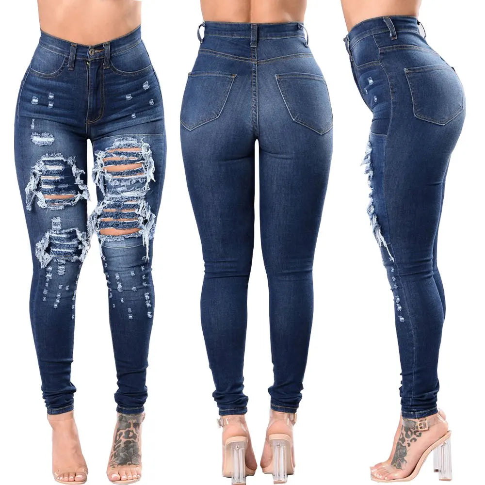 Botvotee Ripped Skinny High Waisted Pencil Jeans for Women Casual Y2K Streetwear Denim Pants Dark Blue Elastic Jeans Woman - Badiee Stylez