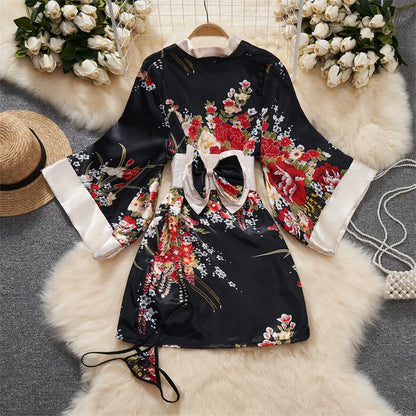 Japanese Sexy Print Kimono Slim Fit V-Neck Nightgown Loose Petal Sleeves Women's Erotic Lingerie Mini Irregular Patchwork Dress