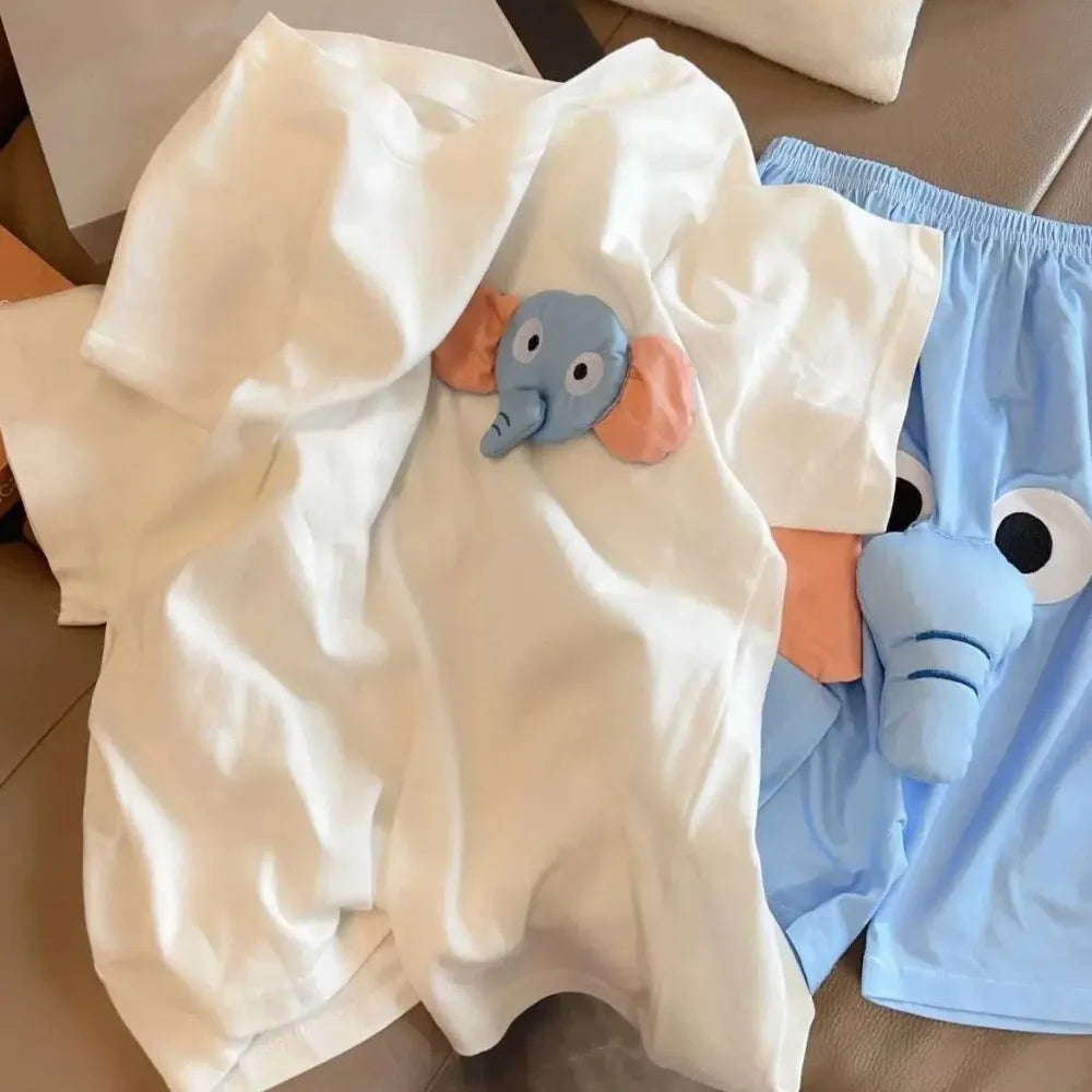 Cartoon 3D Ears Elephant Trunk Pajamas Nose Loose Short Sleeve Sleepwear Funny Couple Pajamas Suit Gifts