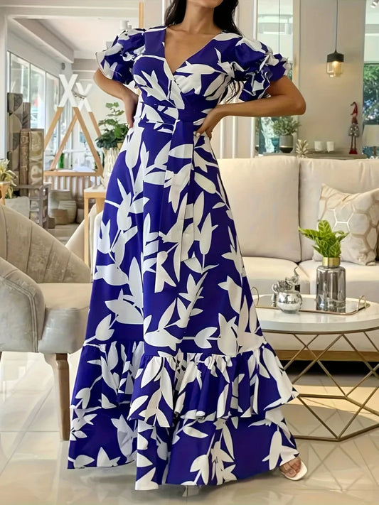 Wefads Women's Maxi Dress Fashion V-Neck Lantern Sleeve Sexy Print Party Elegant Long Evening Gown
