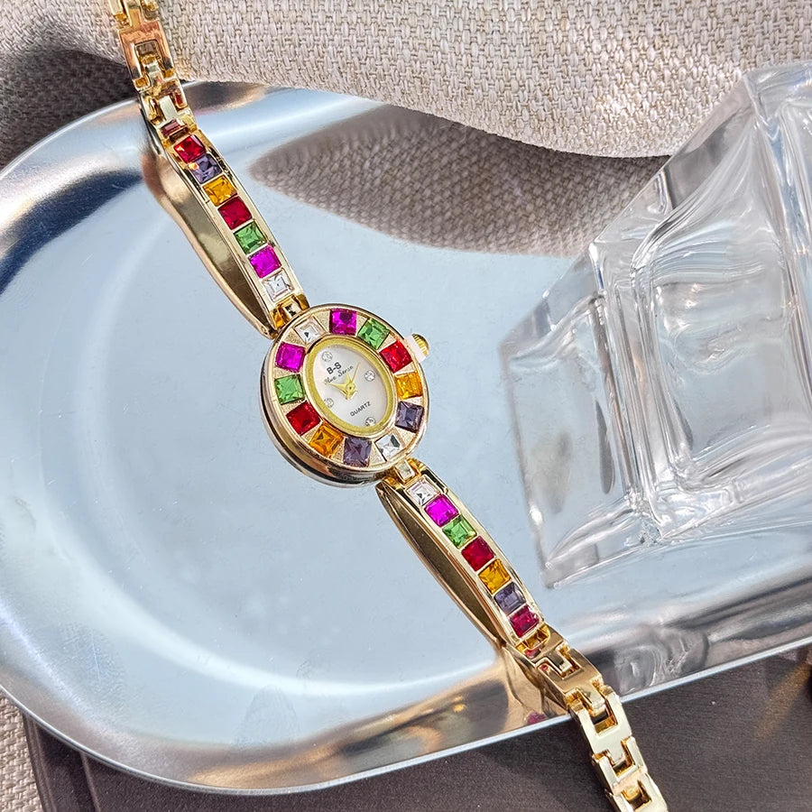 Color zircon advanced sense diamond set women's watch niche bracelet bracelet Small exquisite quartz watch cross-border hot sale