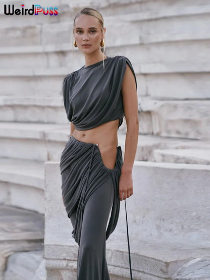 Weird Puss Elegant Irregular 2Piece Set Summer Women Chic Classic Tank Tops+Skirts Pants Matching Trend Ruched Suits Streetwear Badiee Stylez