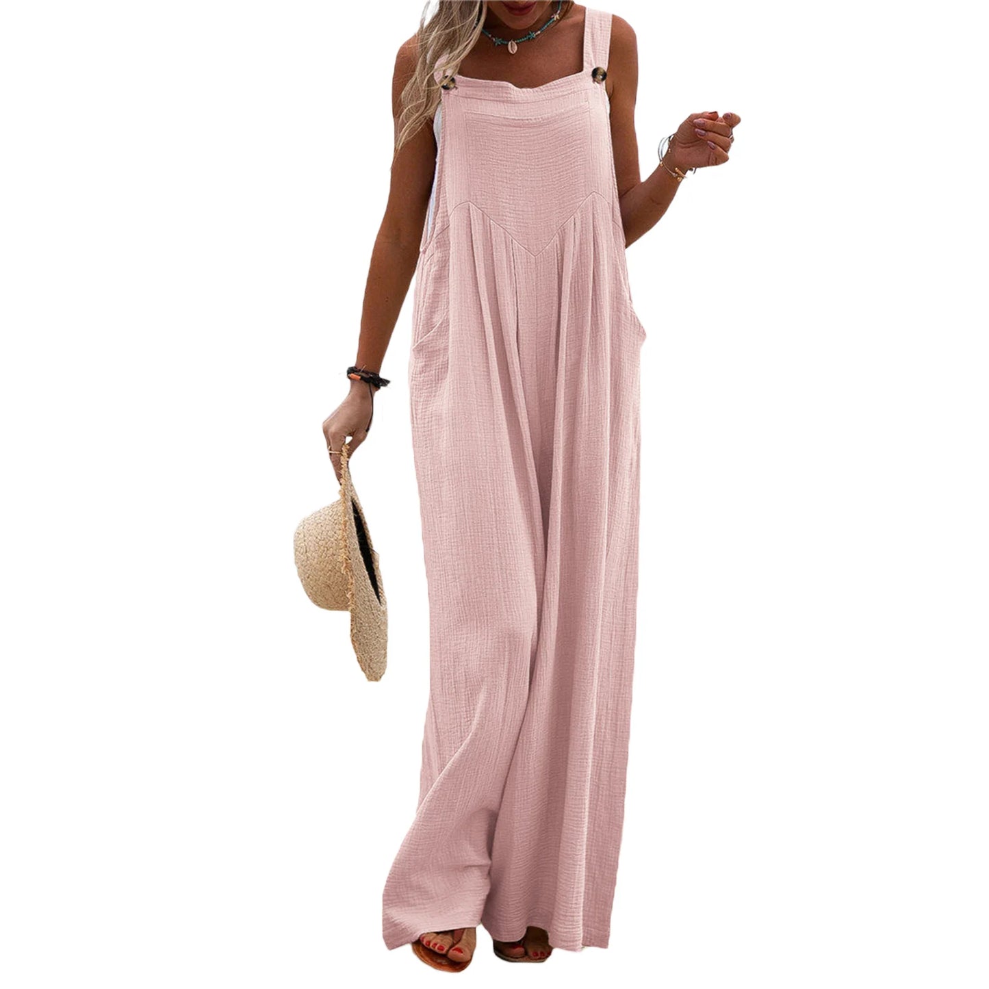 Overalls Women Summer Jumpsuit Outfits Plus Size Solid Color Casual Button Wide Leg Suspender Pants Overalls with Pockets Pink