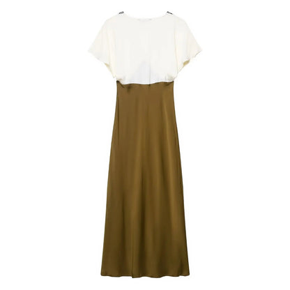 TRAF women's V-neck short sleeved autumn new item 2025 contrasting lace silk texture MIDI dress long  French evening dress Badiee Stylez