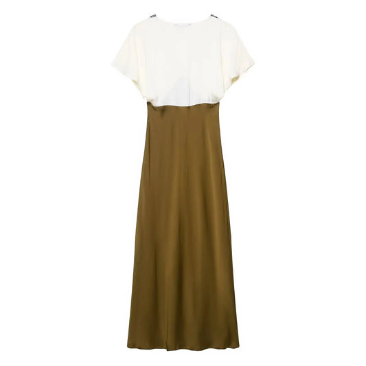 TRAF women's V-neck short sleeved autumn new item 2025 contrasting lace silk texture MIDI dress long  French evening dress Badiee Stylez