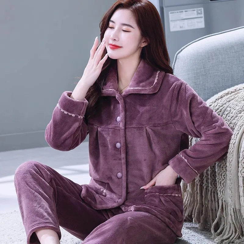 Autumn Winter Thicken Flannel Women Pajamas Set Two-piece suit Warm Loose Long-sleeve Female Casual Home service Single-breasted Purple TT