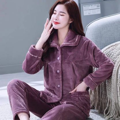 Autumn Winter Thicken Flannel Women Pajamas Set Two-piece suit Warm Loose Long-sleeve Female Casual Home service Single-breasted Purple TT