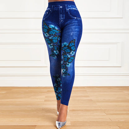 Plus Size Oversized Women High Waist Stretchy Legging Denim Look Skinny Jeggings Ladies Fashion Print Pencil Pants Clothing 2023 Blue