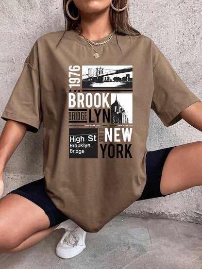 New York Brooklyn 1976 Printing Women T-Shirt Creativity Casual Tee Shirts Street Hip Hop Short Sleeve Basic All-Match Tshirts Brown