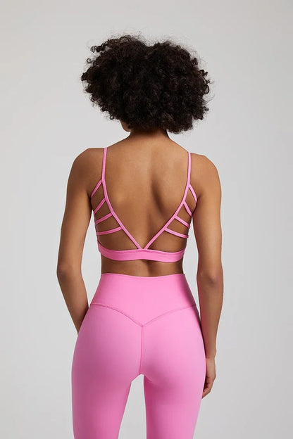 Open Back Sports Bra 8 Way Stretch Deep U Neck Bra Padded Fitness Top for Women Millennial Powder