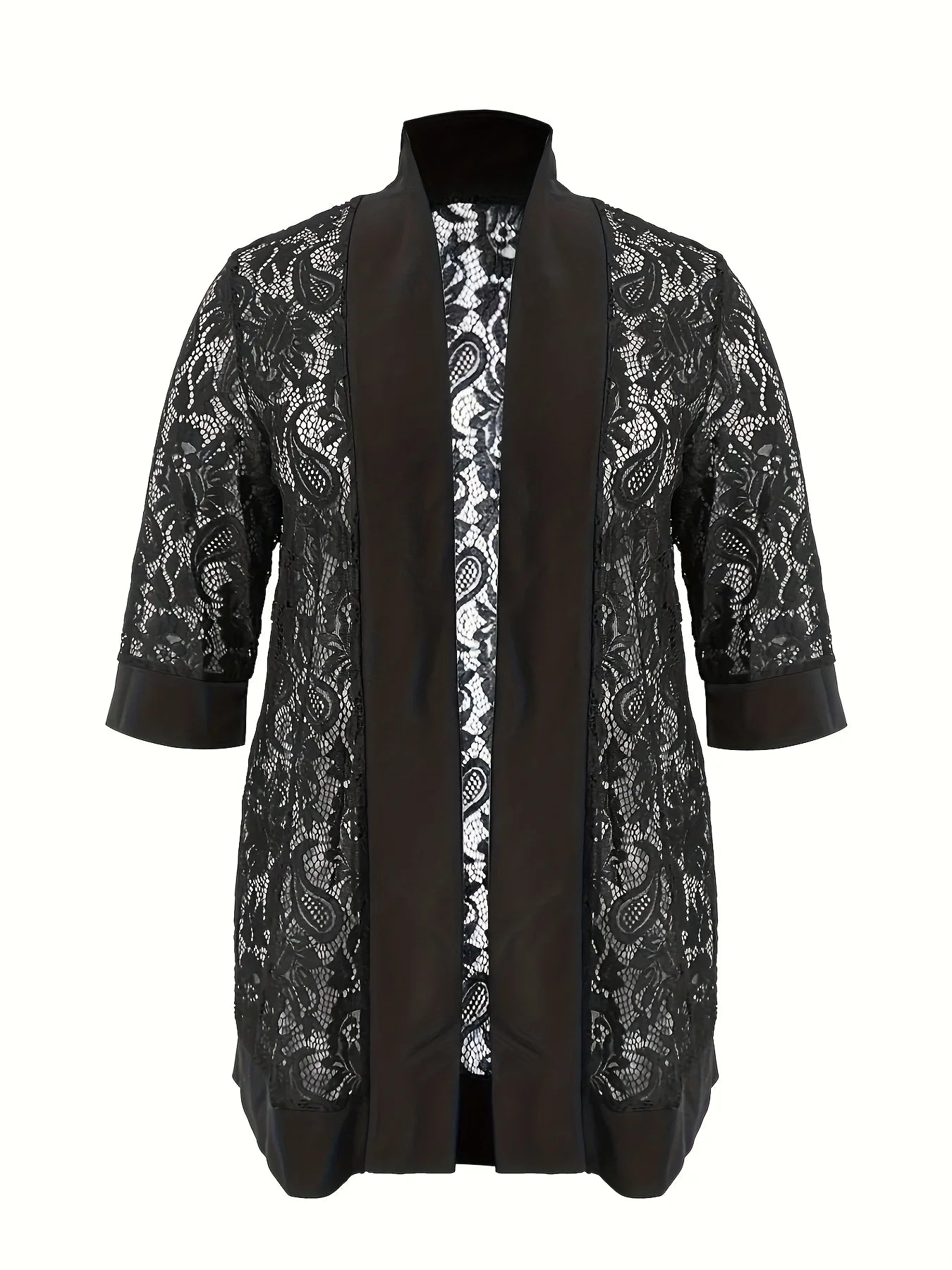 Plus Size Lace Jacket for Women Black Floral Pattern Casual Style Medium Stretch Fabric All Seasons Floral Pattern Cardigan