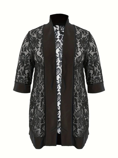 Plus Size Lace Jacket for Women Black Floral Pattern Casual Style Medium Stretch Fabric All Seasons Floral Pattern Cardigan