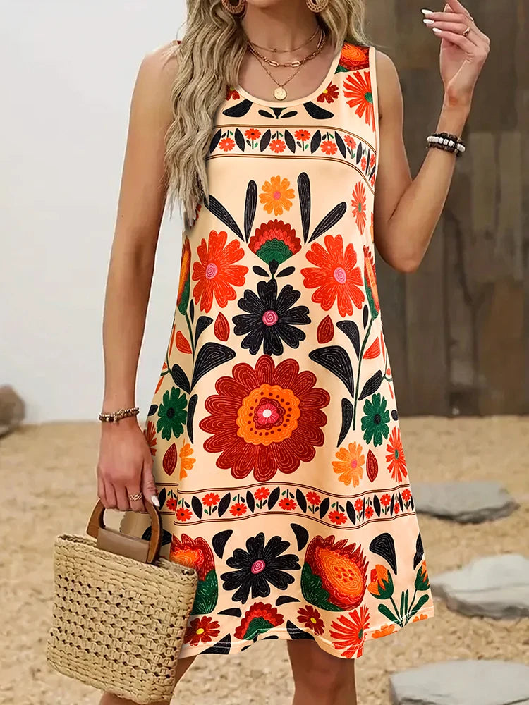 Women’s Sleeveless Boho Floral Dress, Colorful Flower Print Mini Dress, Casual Summer Beach & Festival Outfit Orange