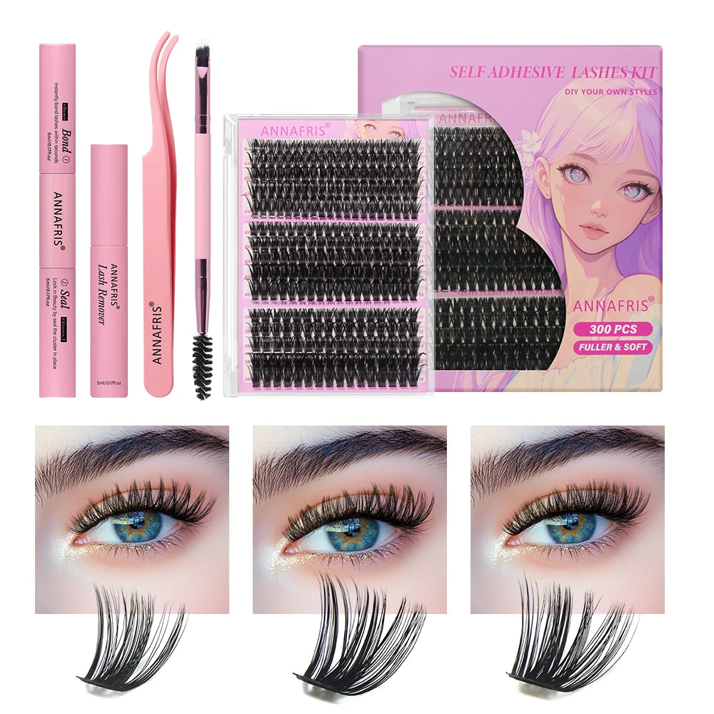 ANNAFRIS 300Pcs DIY Cluster Lash Extension Kit Color individual Lashes Kit with Lash Bond&Seal Remover Tweezers 60D 80D 100D United States
