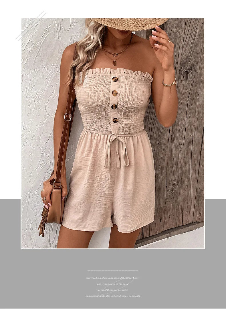 Summer Fashion Splicing Women's Solid Color Sexy Sleeveless Bra Button Tie Waist Casual Comfortable Jumpsuit Shorts 3/4