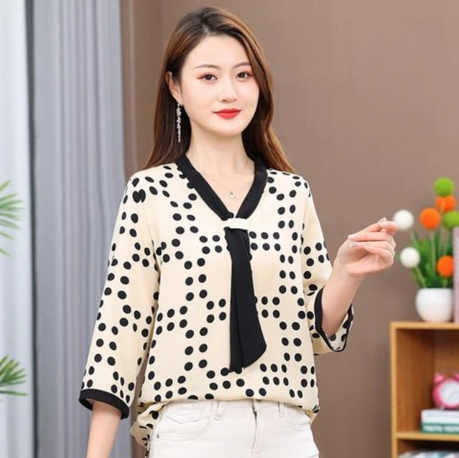 Women's Shirt Middle-aged Mother Elegant Summer Lady Shirts Bandage Floral Printed Chiffon Shirt Blouse Women's Clothing