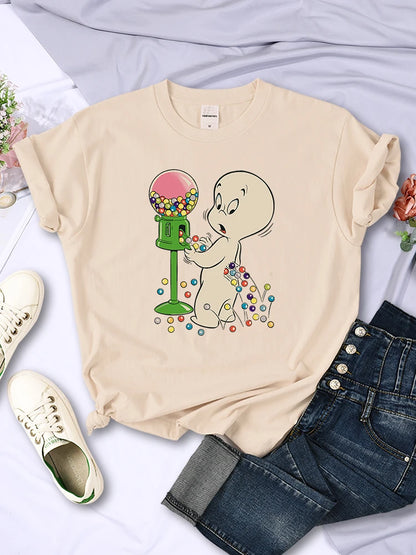 The Little Boy Likes Colored Glass Balls Women Short Sleeve Creative Street Tops Casual O-Neck Clothing All-math Female T-Shirts Khaki