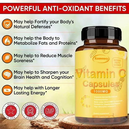 Vitamin C Capsules - Immune Support, for Cellular Energy Production, Improve Skin Brightening, Skin, Teeth & Heart Health