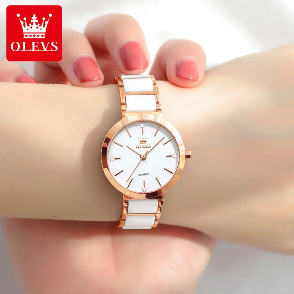 OLEVS Luxury Brand Women Watches Ceramic Tape Japanese Movement Quartz Watch for Lady Gift Bracelet Fashion Versatile Exquisite